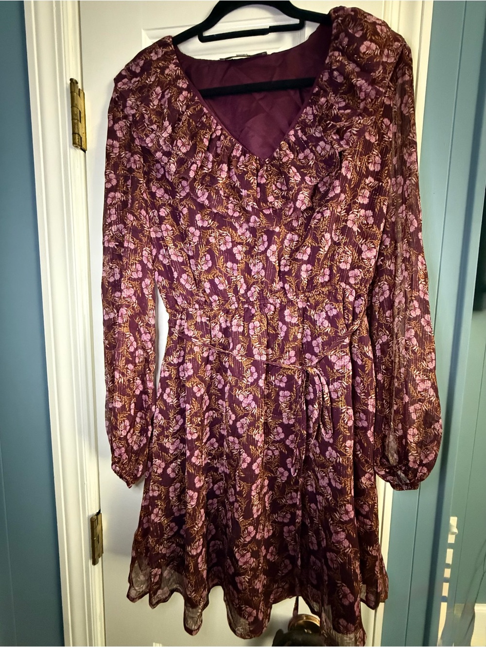 LOFT Plum Floral Long-Sleeve Dress